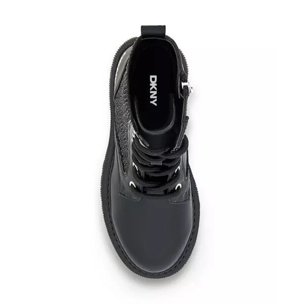 DKNY Kids Black Ava Menia Combat Boots Rhinestone Cuff Side Zip Lace Up Sz 2 NEW